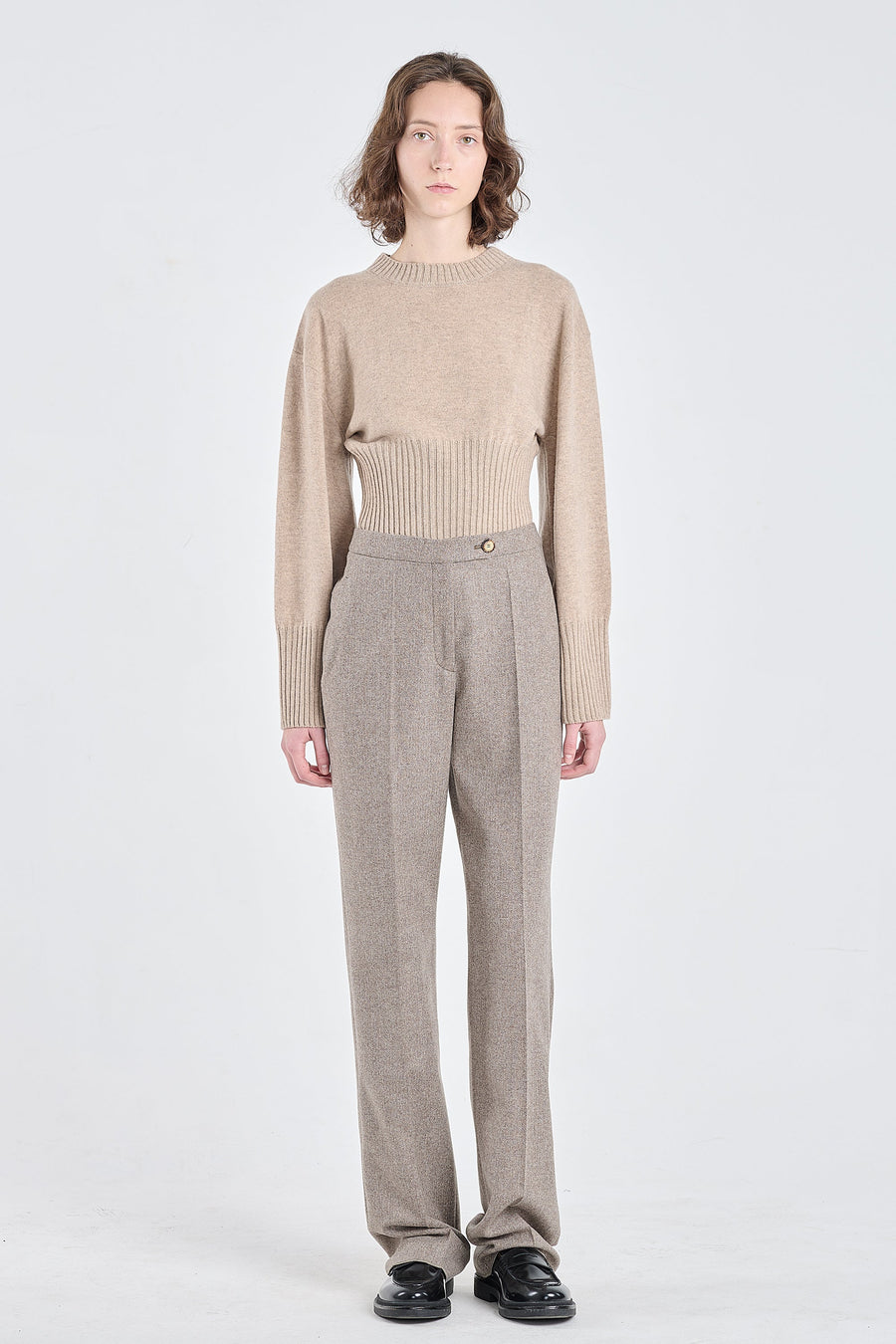 Brown herringbone wool straight pants