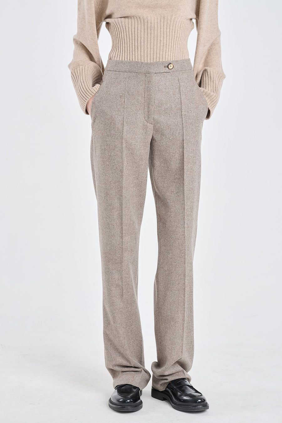 Brown herringbone wool straight pants