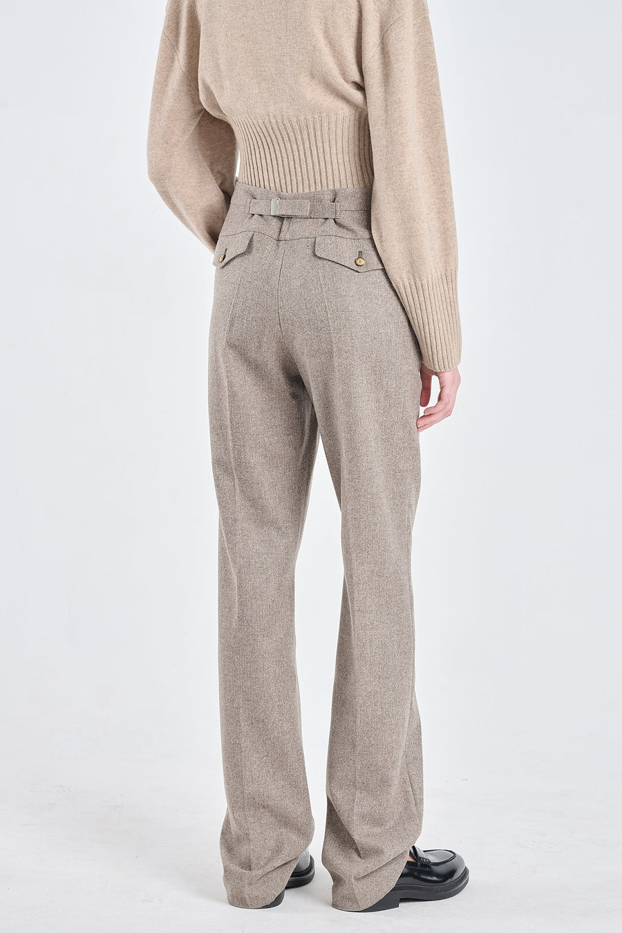 Brown herringbone wool straight pants