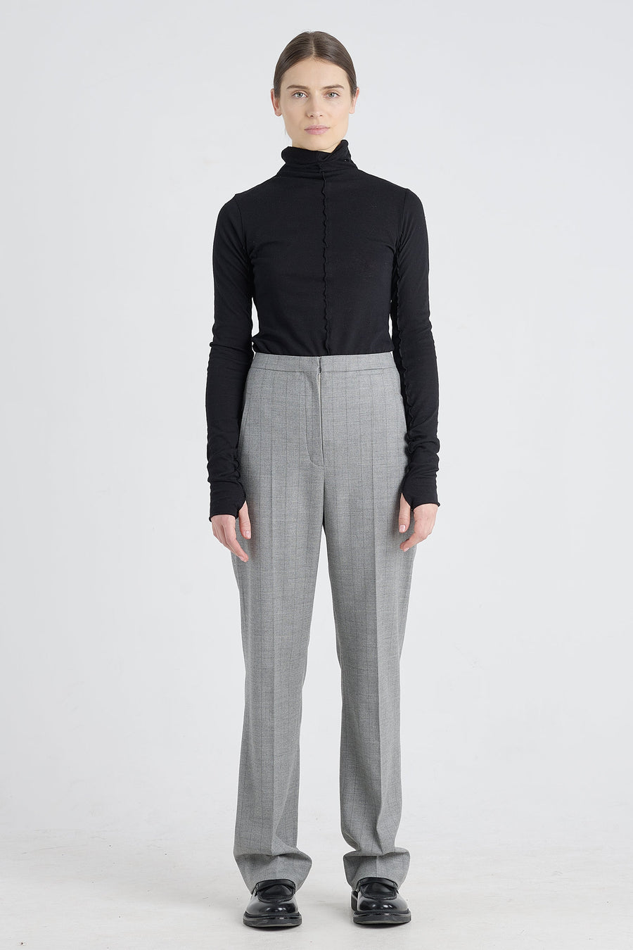 Grey stripe wool&cashmere straight pants
