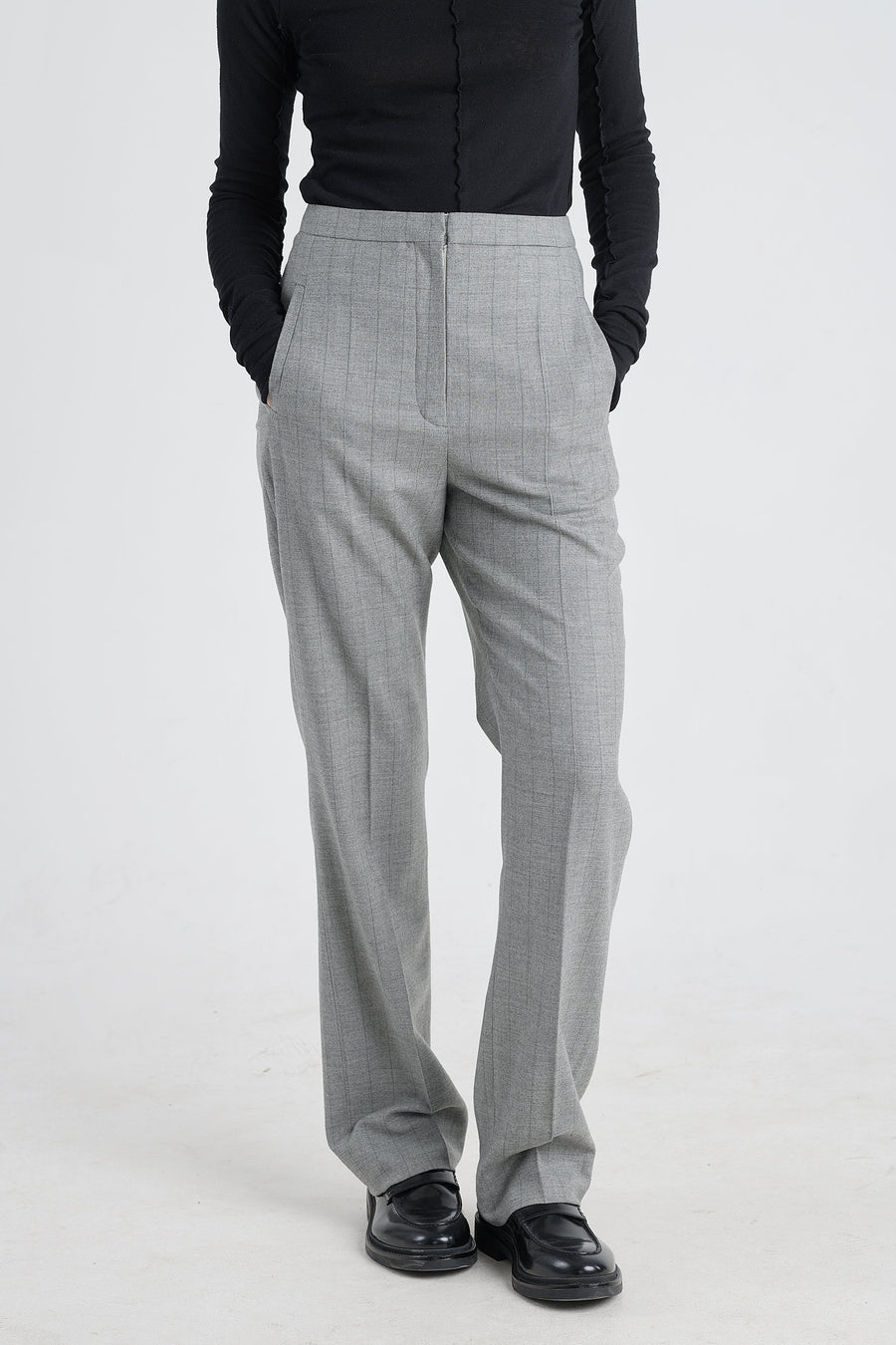 Grey stripe wool&cashmere straight pants