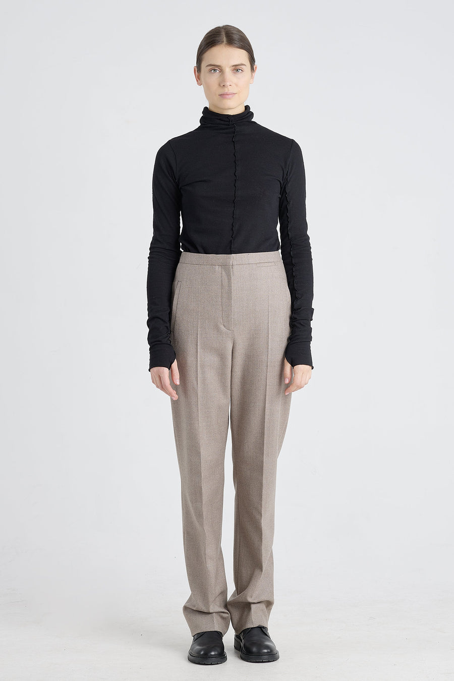 Taupe lurex wool straight pants