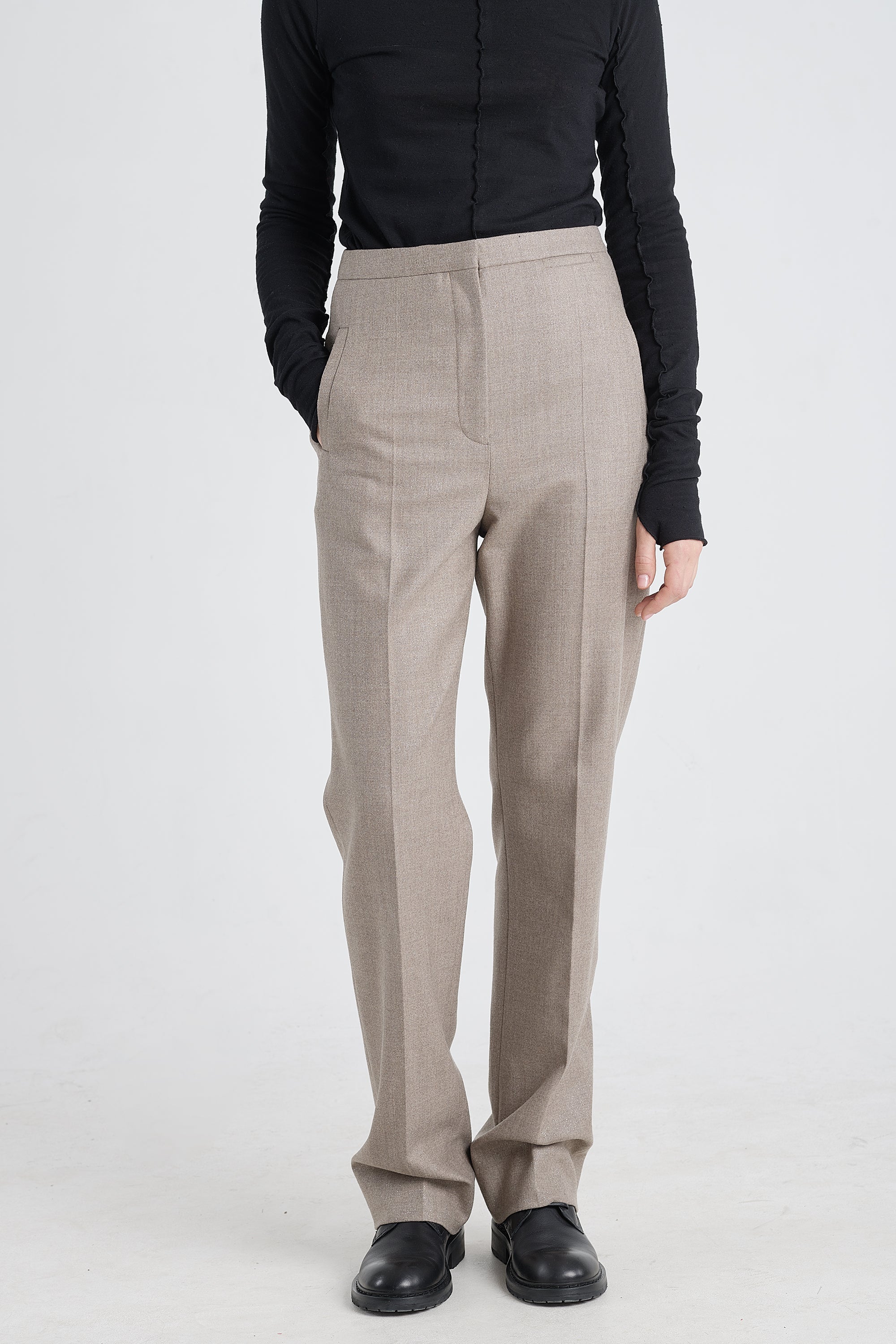 Taupe lurex wool straight pants