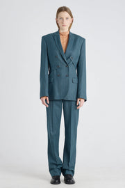 Teal green stripe wool&cashmere straight pants