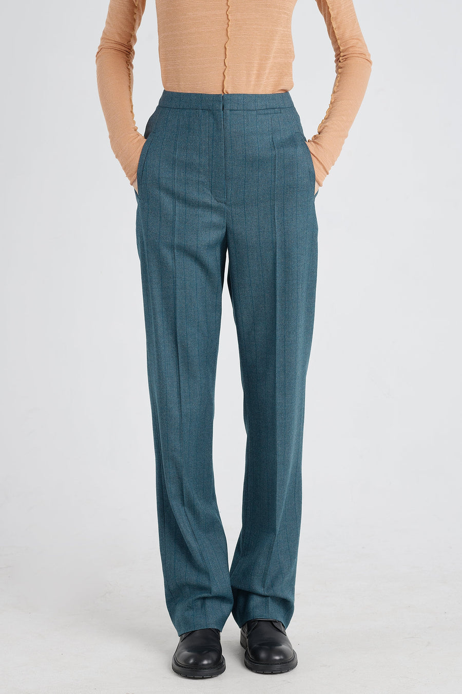 Teal green stripe wool&cashmere straight pants
