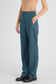 Teal green stripe wool&cashmere straight pants