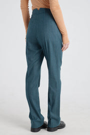 Teal green stripe wool&cashmere straight pants