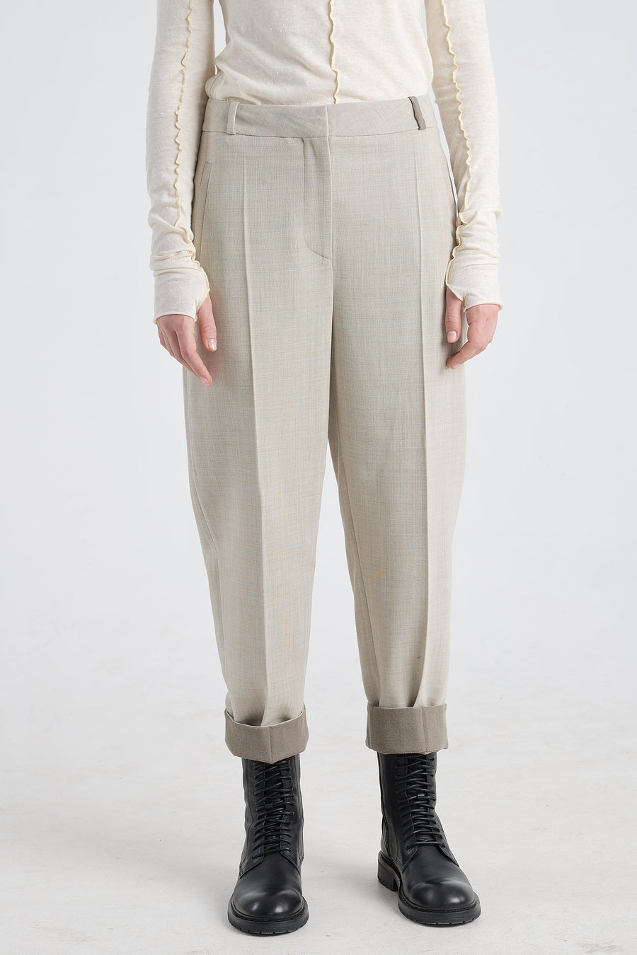 Grey beige wool bow leg pants