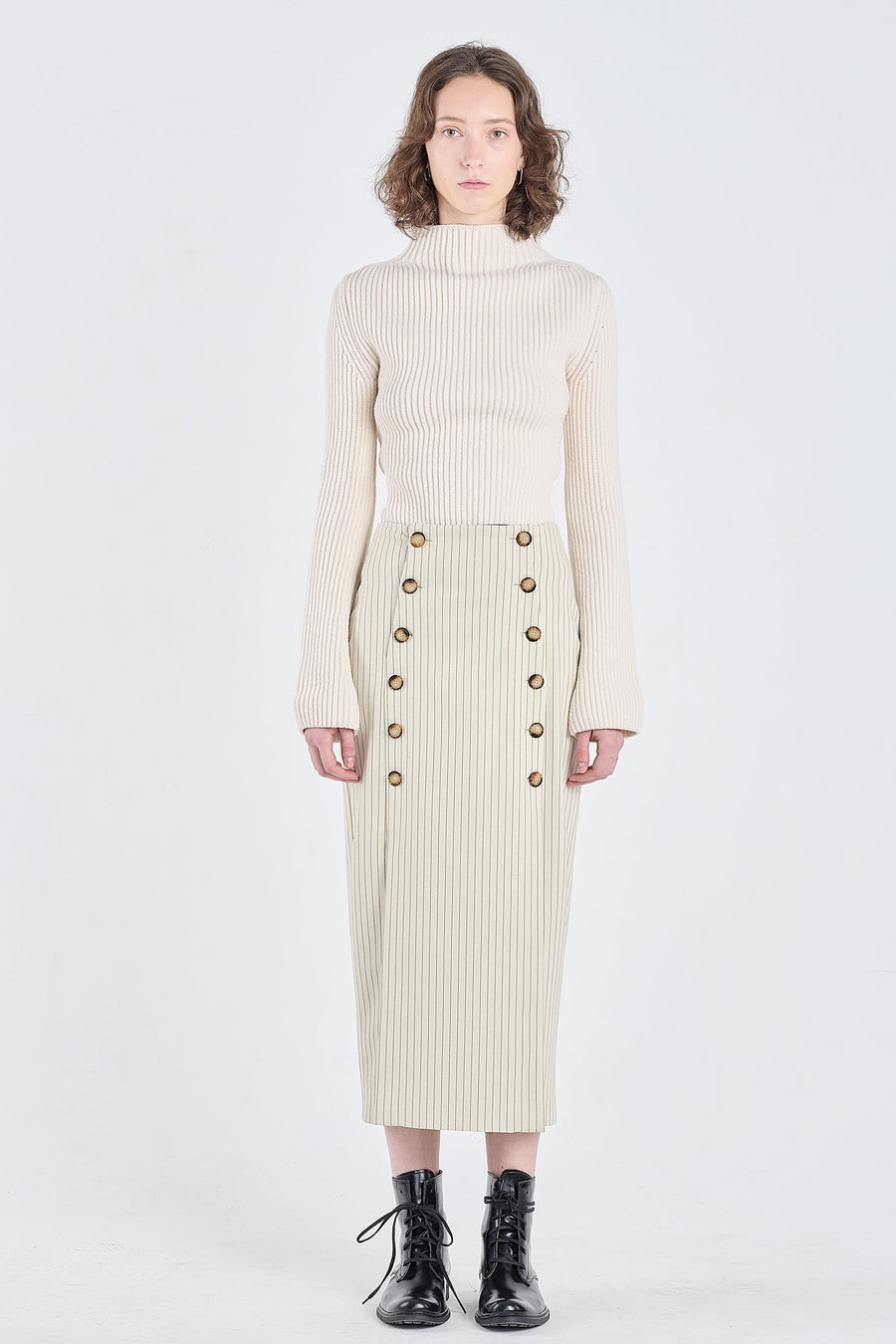 Ivory&grey bistretch striped pencil skirt