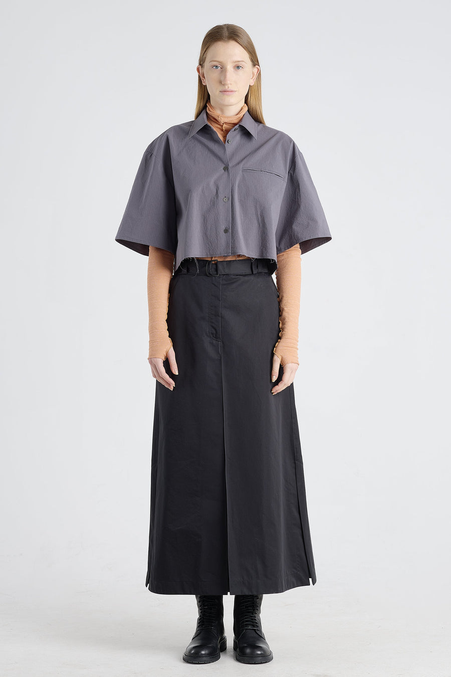 Black trench cotton a-line long skirt