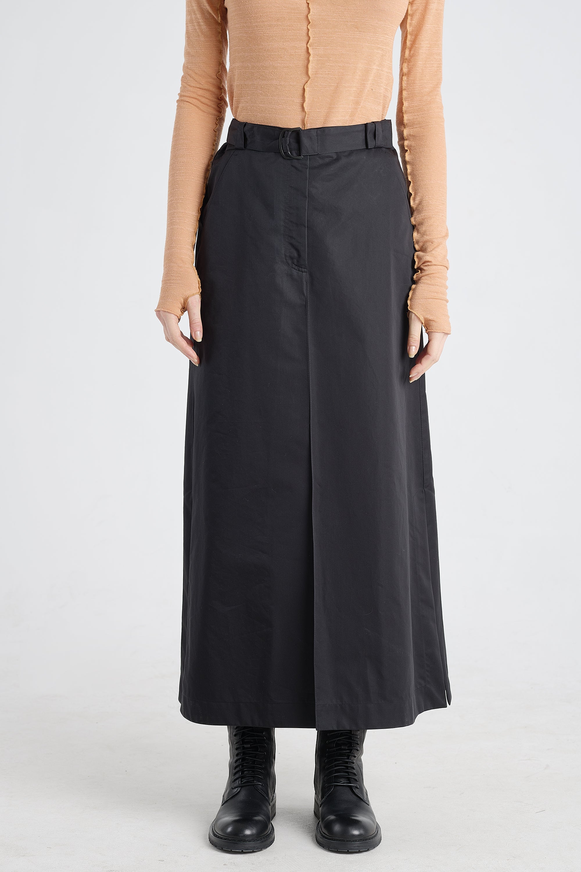 Black trench cotton a-line long skirt