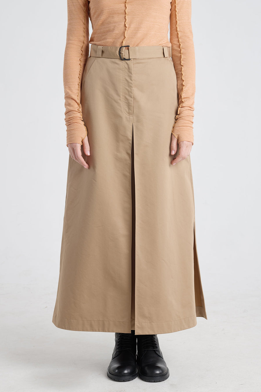 Camel trench cotton a-line long skirt