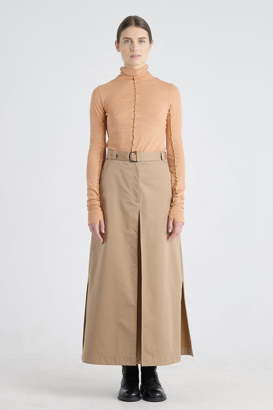 Camel trench cotton a-line long skirt