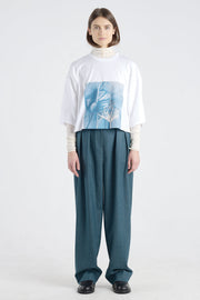 White & Blue cotton printed crop t-shirt