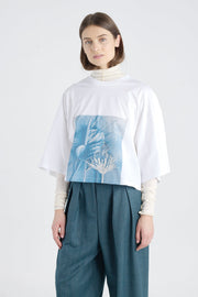 White & Blue cotton printed crop t-shirt
