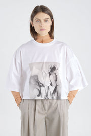 White&grey cotton printed crop t-shirt