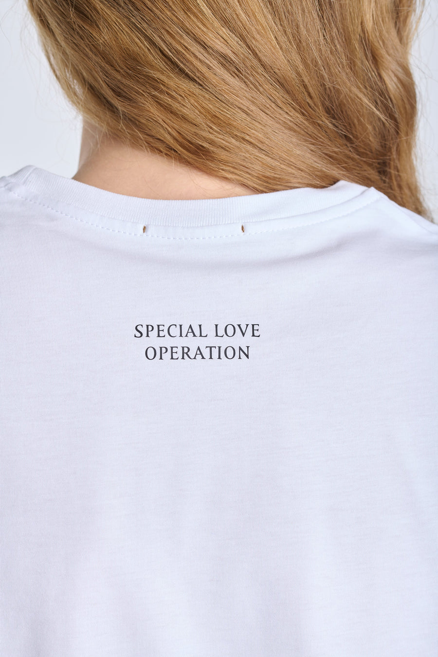 White cotton jersey ''SPECIAL LOVE OPERATION'' t-shirt