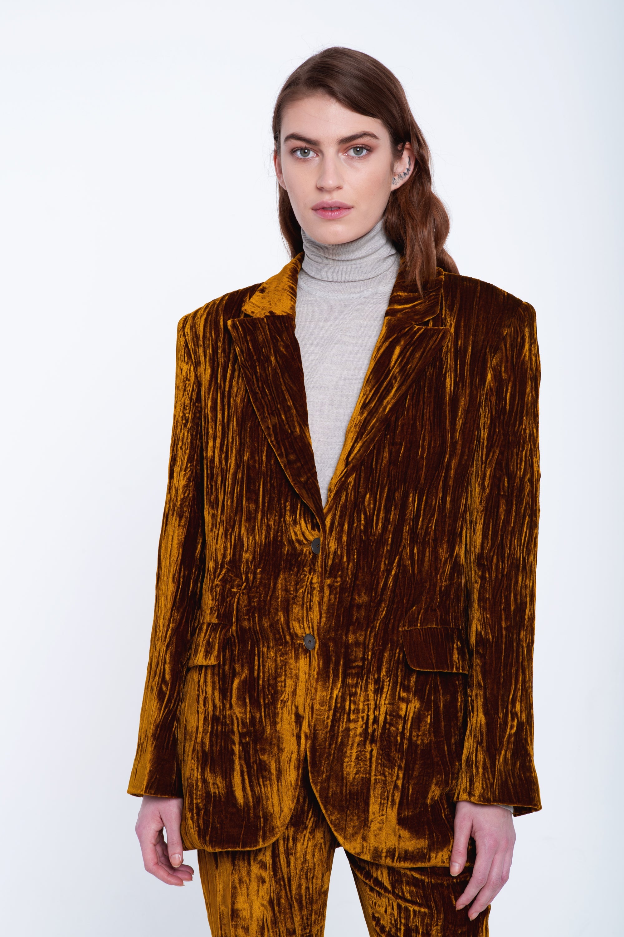 Gold velvet open back jacket