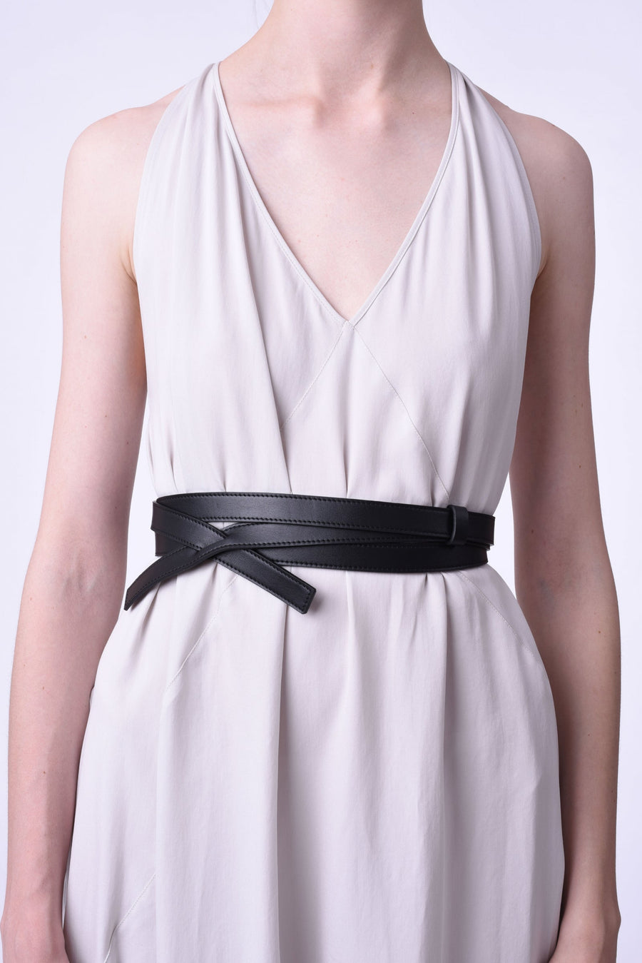 Black sustainable leather thin long belt